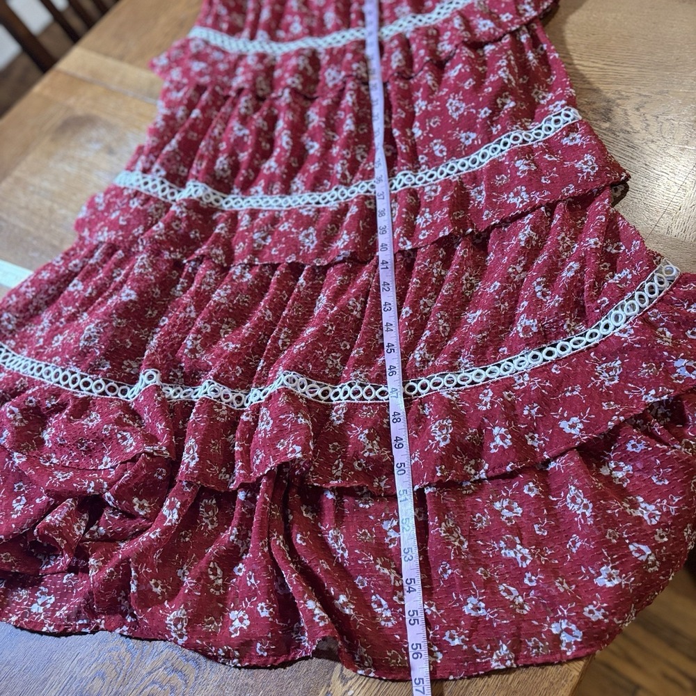 Floral Maxi Dress Womens Small Cottage Boho Flowy Tiered Euro Summer Smocked Red - Picture 4 of 6
